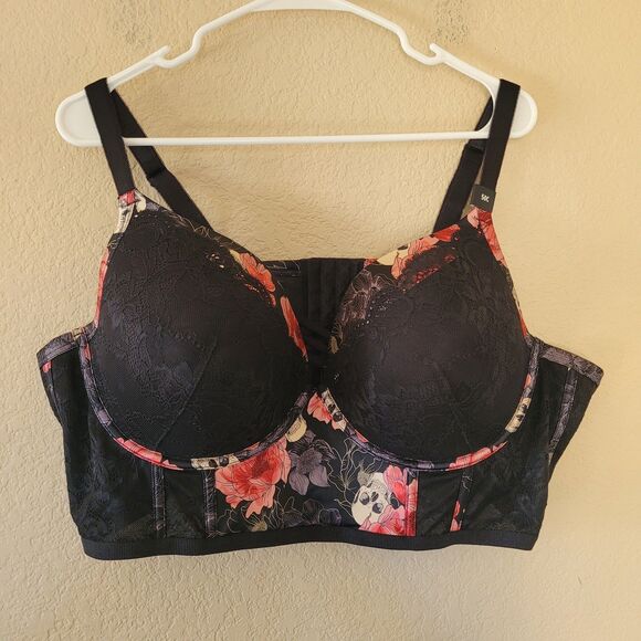 Torrid Black Floral Skulls Bra Sz 50C Plunge Push Up Longline Underwire Lace XO - Picture 1 of 5